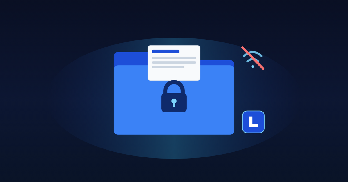 A locked folder holding a shop bill, with a no-internet mark — your data on your own computer