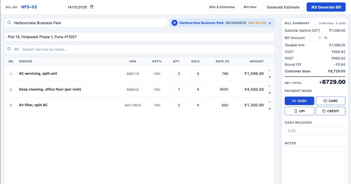 Layerdots ERP billing for a facility services company: two services under their SAC codes and an air filter under its HSN