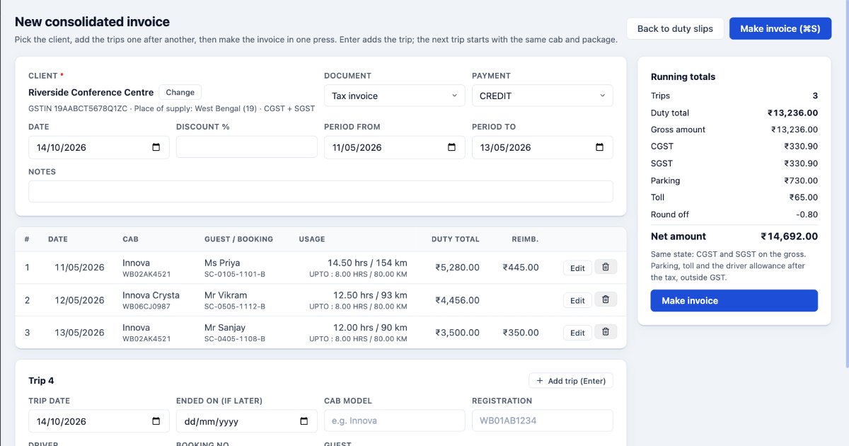 Layerdots ERP New consolidated invoice: three trips of one client typed one after another, with the running totals beside them