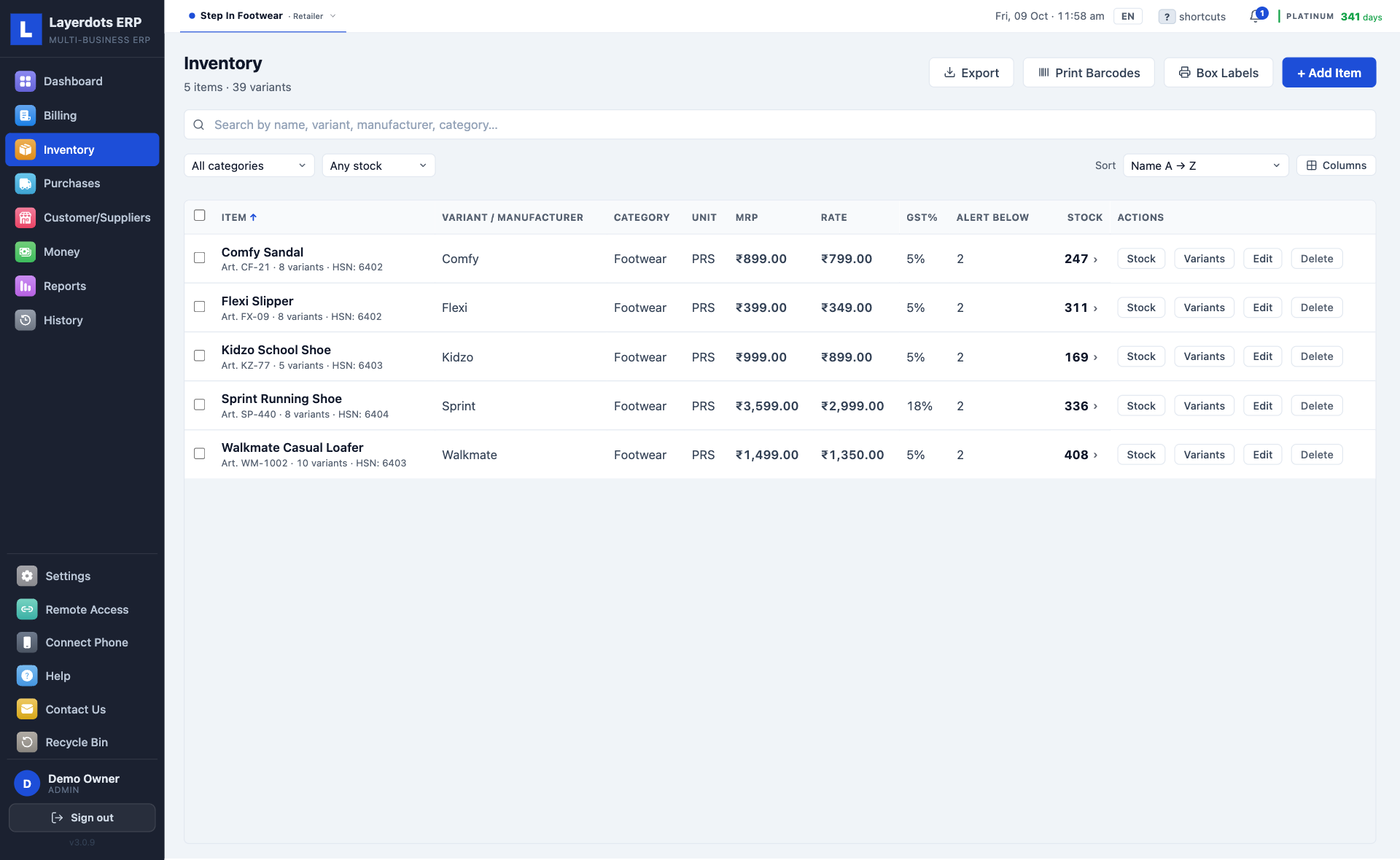 Layerdots ERP footwear inventory with one row per item, its colours and sizes inside it