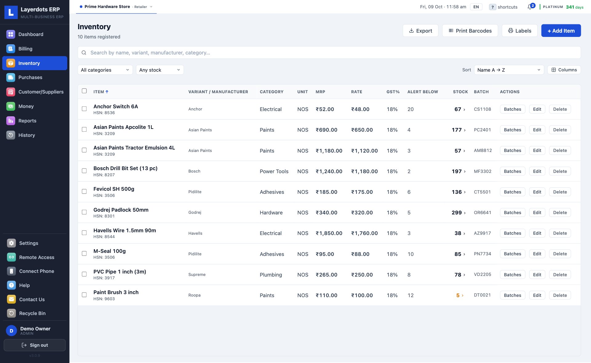 Layerdots ERP inventory for a hardware shop