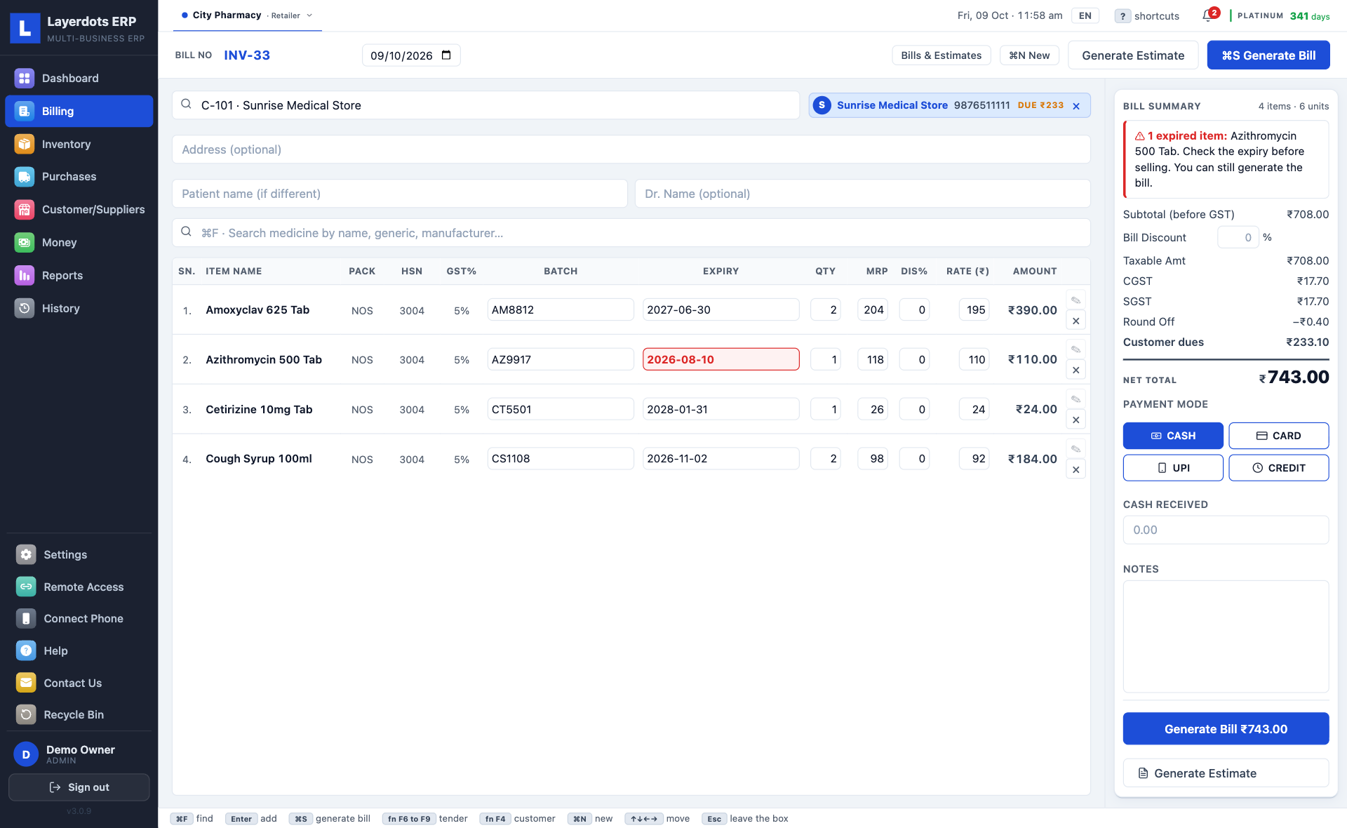 Layerdots ERP pharmacy billing: patient and doctor fields, batch and expiry columns, the cart and the summary