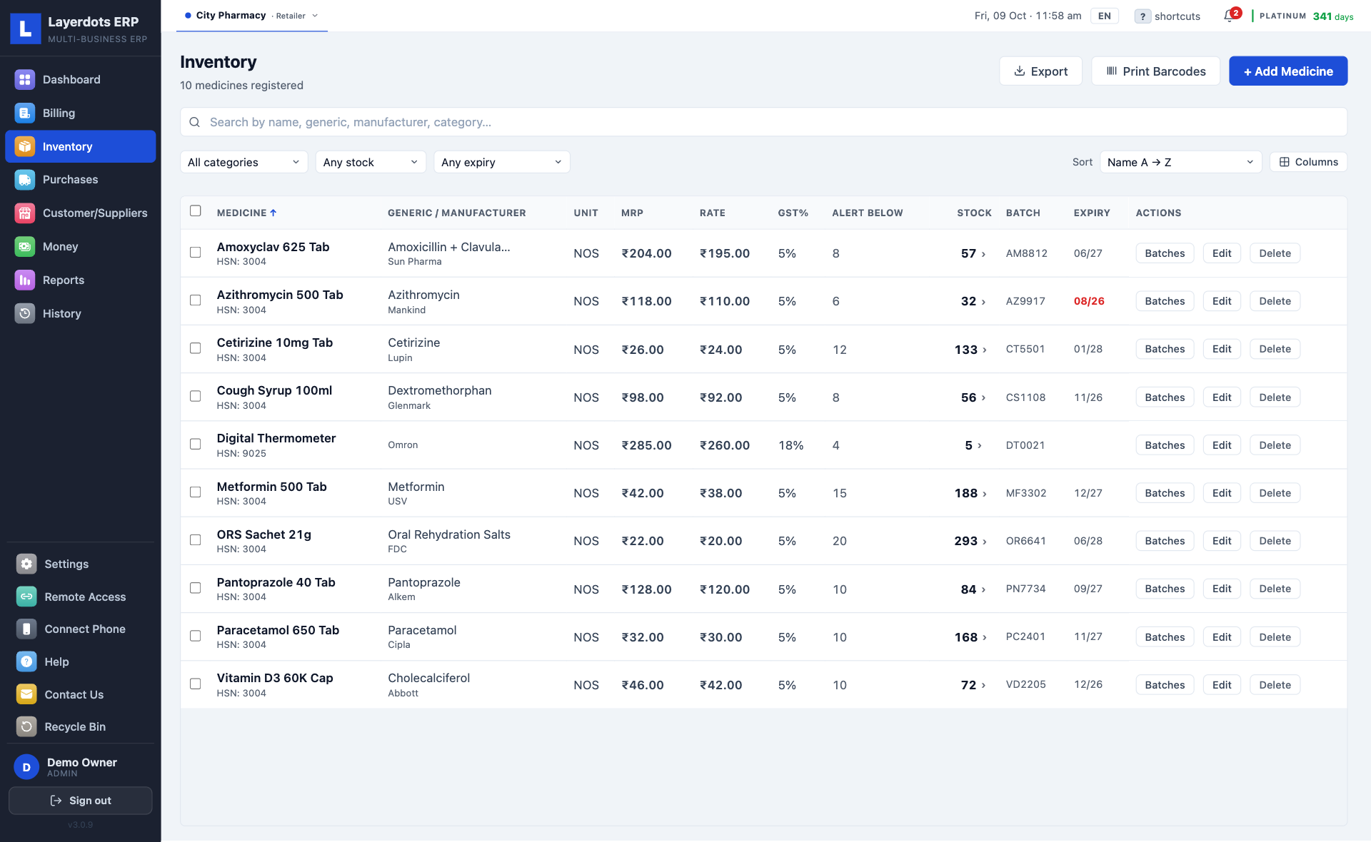 Layerdots ERP pharmacy inventory with salt names, batches and expiry dates