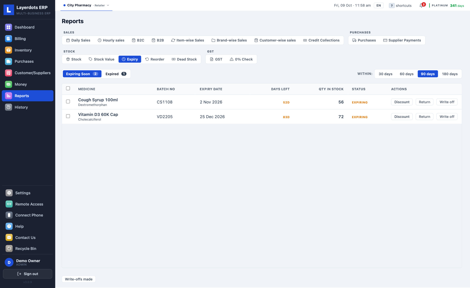 Layerdots ERP expiry report listing near-expiry batches and their value