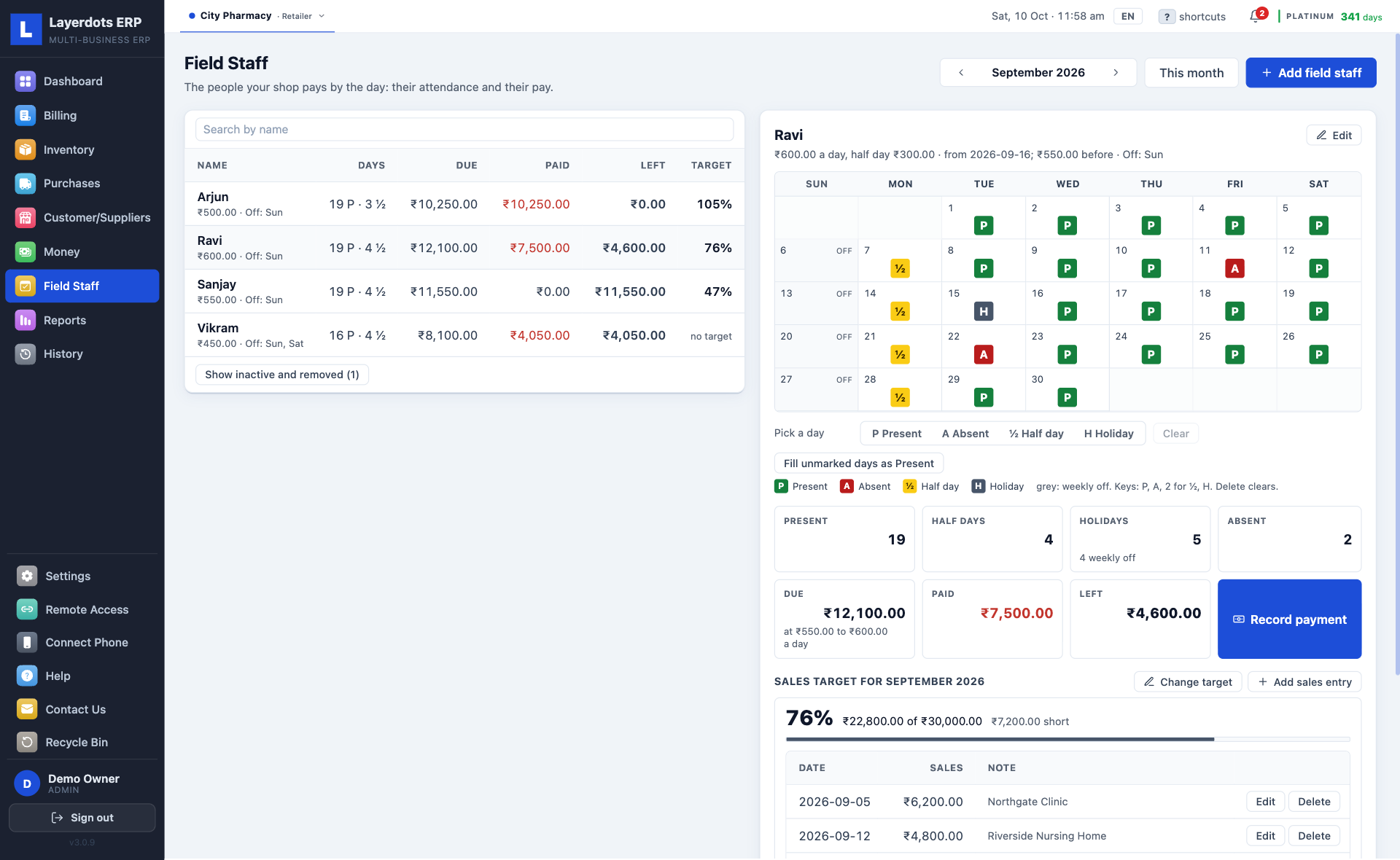 Layerdots ERP Field Staff: the list of people with each one's days, due, paid, left and target, and one person's month on a calendar stamped present, absent, half day and holiday