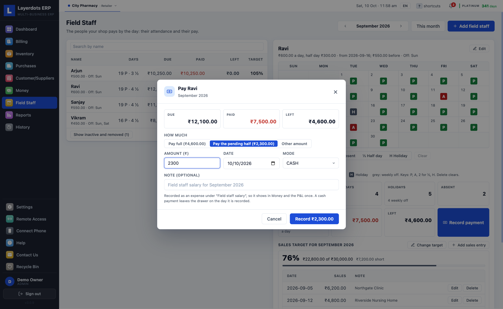 Layerdots ERP Record payment for a field staff member: pay the full amount left, the pending half, or another amount, with the date and the mode
