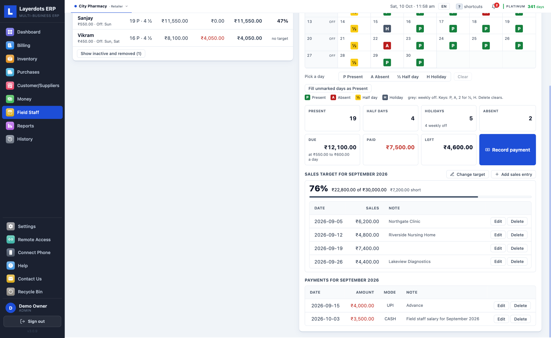 Layerdots ERP Field Staff month summary: present days, half days, holidays and absences, the pay due, paid and left, the sales target, and the month's two payments