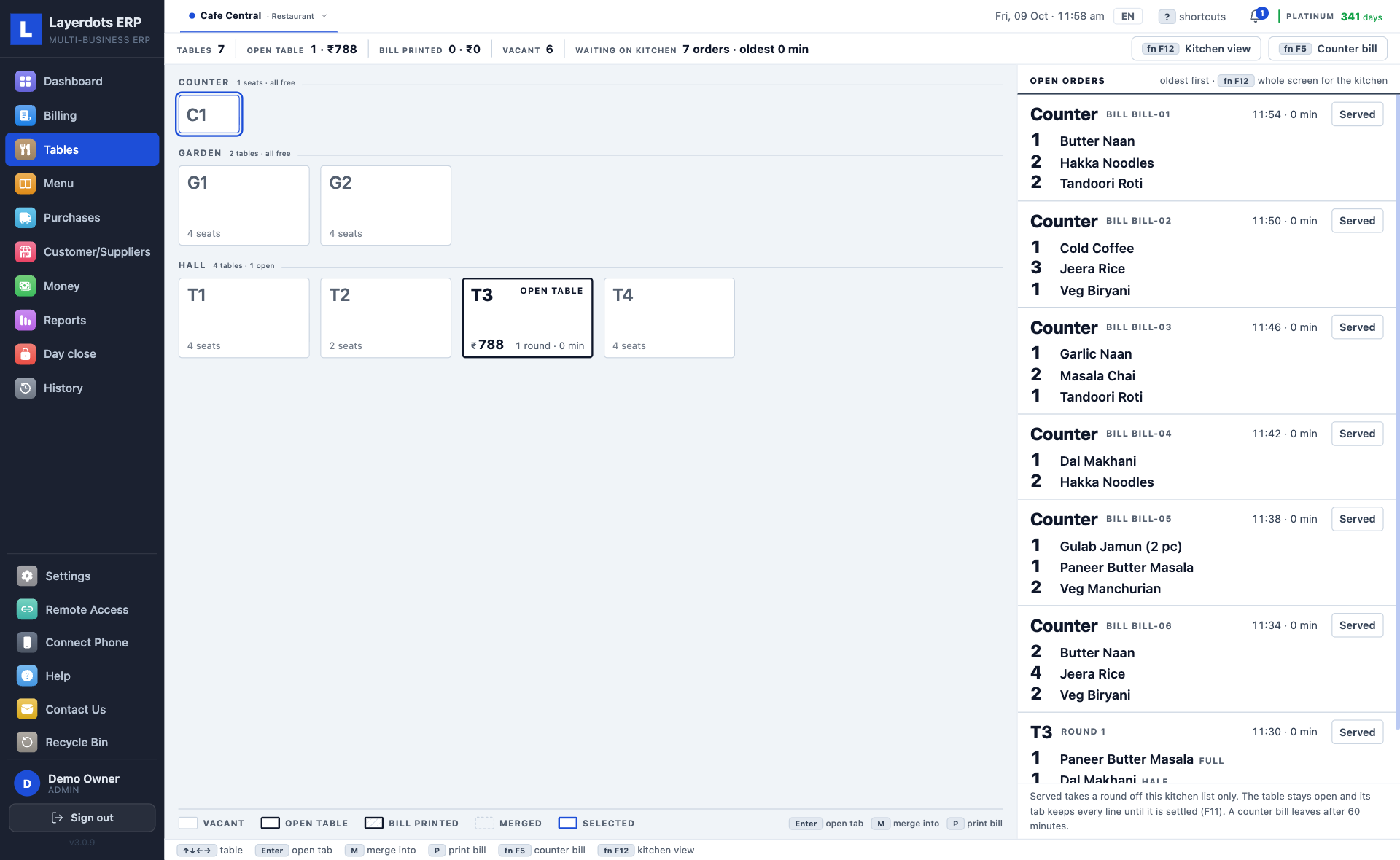 Layerdots ERP restaurant floor plan with open tables and the kitchen board