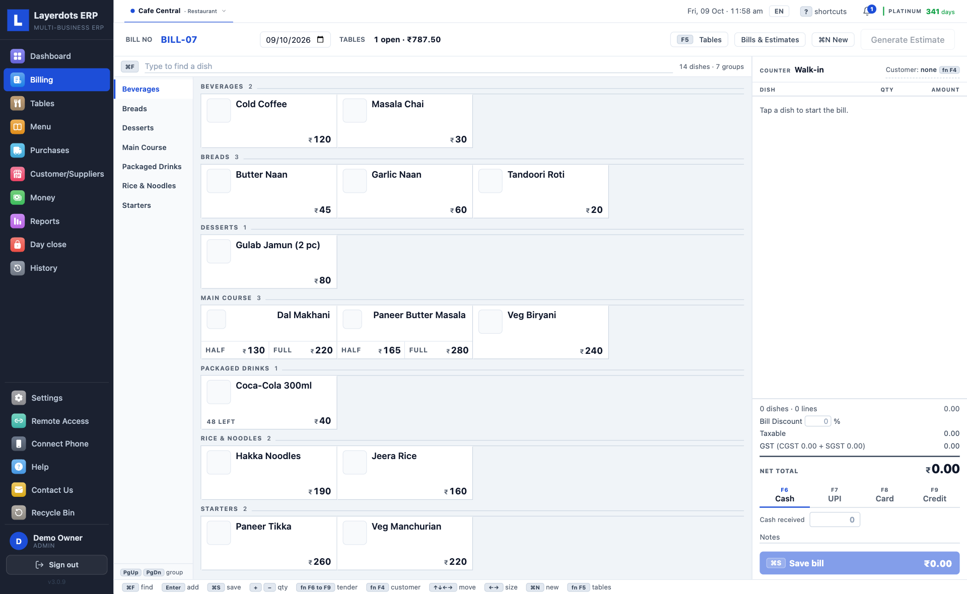 Layerdots ERP restaurant menu billing with dishes by category and half and full sizes