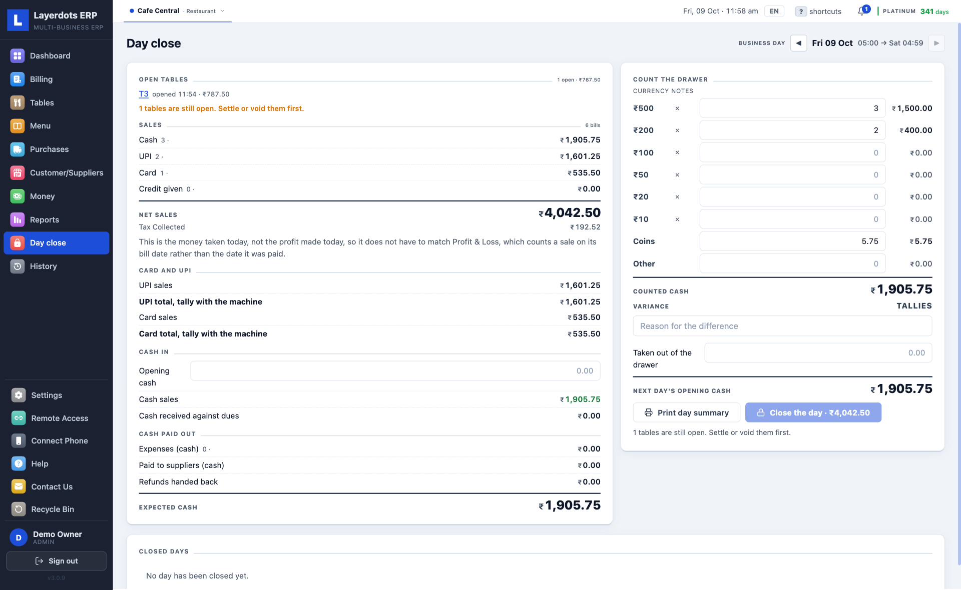 Layerdots ERP restaurant day close with expected cash, note count and variance