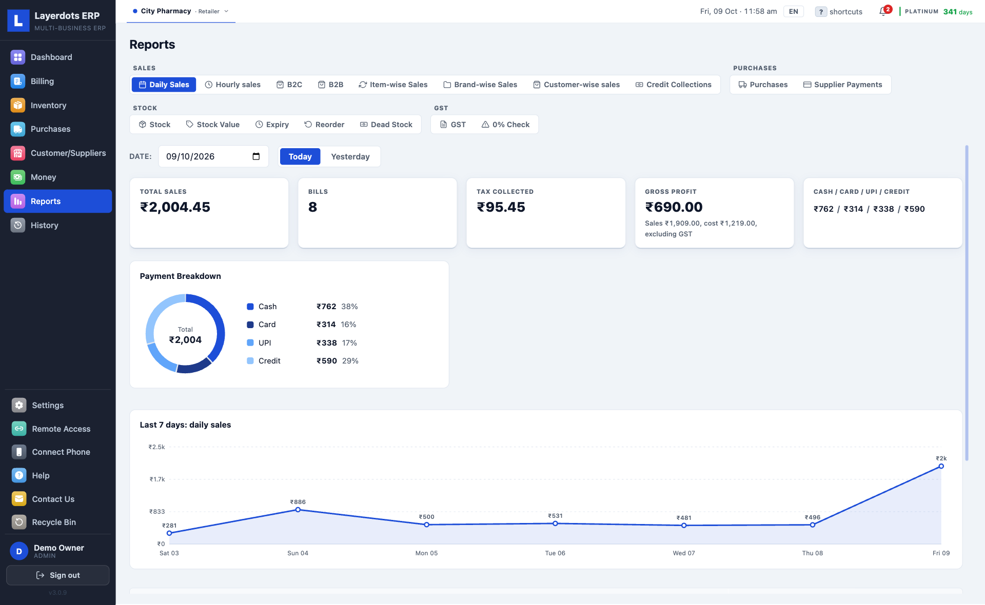 Layerdots ERP daily sales report with the payment breakdown