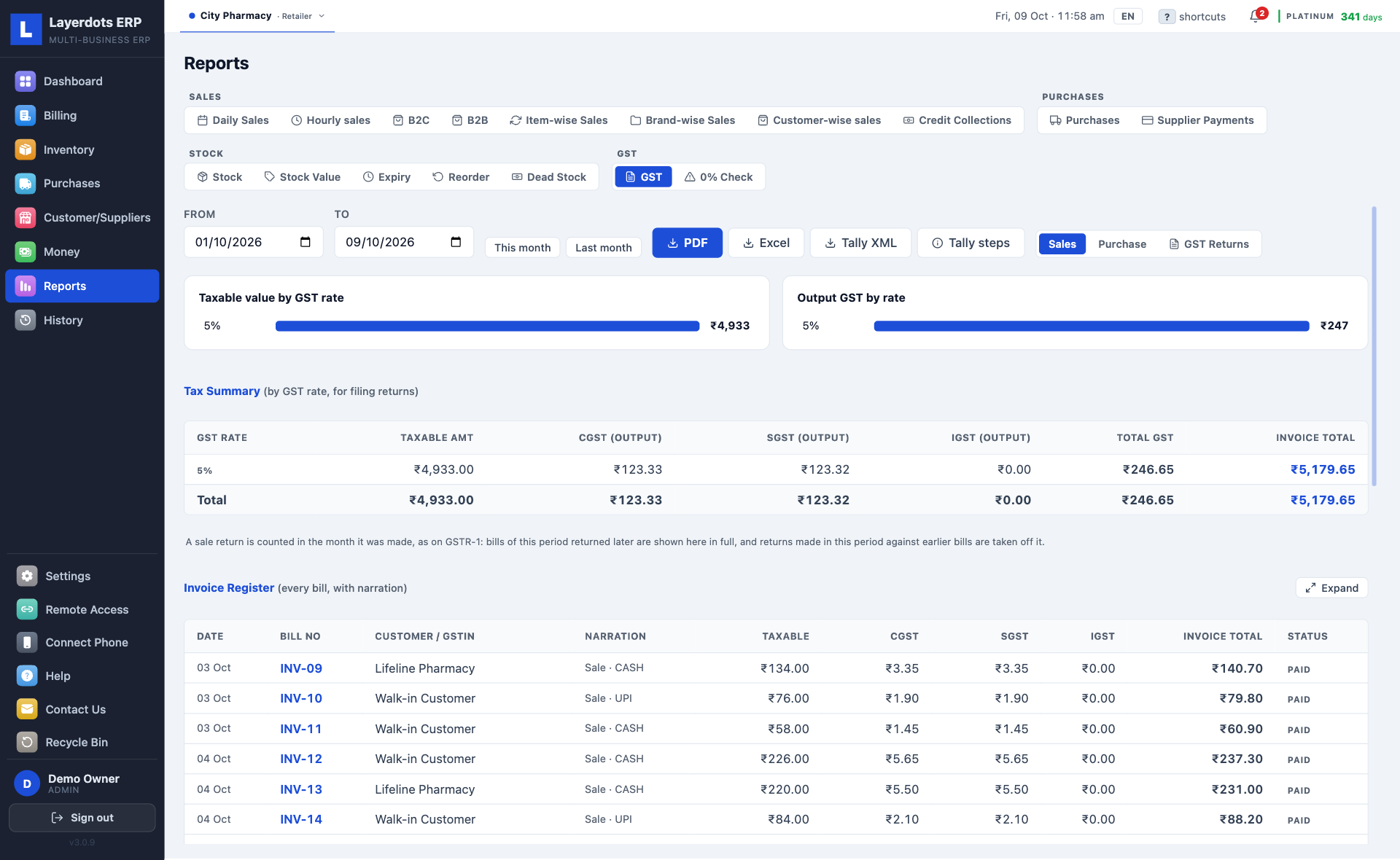 Layerdots ERP GST returns screen