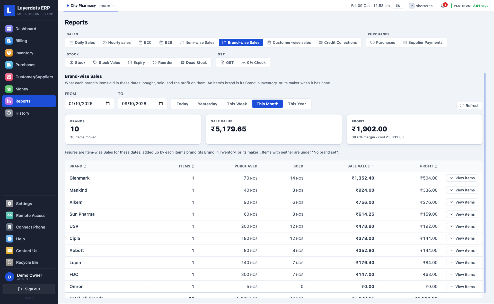 Layerdots ERP brand-wise sales: each brand's items, quantity purchased and sold, sale value and profit
